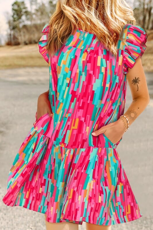 Striped Abstract Flutter Sleeve Dress Shewin