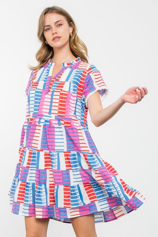 Striped Blue Colorblock Tiered Dress thml