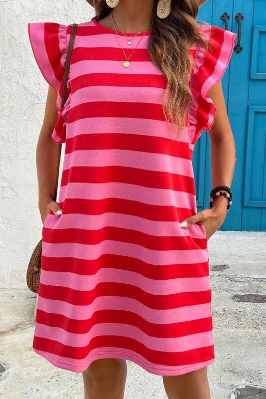Striped Flutter Sleeve Dress Shewin