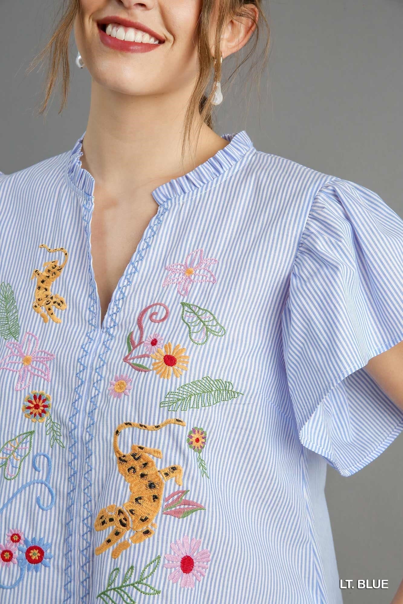 Striped Flutter Sleeve Top with Leopard and Floral Embroidery Umgee