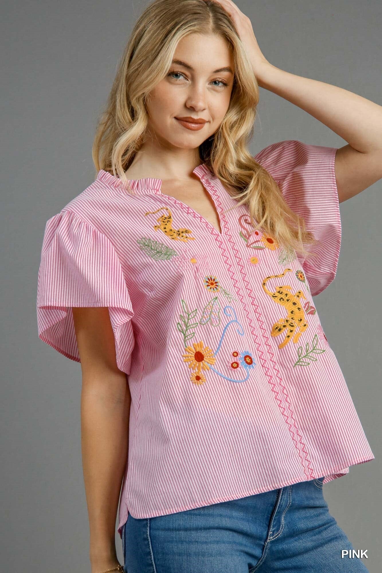 Striped Flutter Sleeve Top with Leopard and Floral Embroidery Umgee