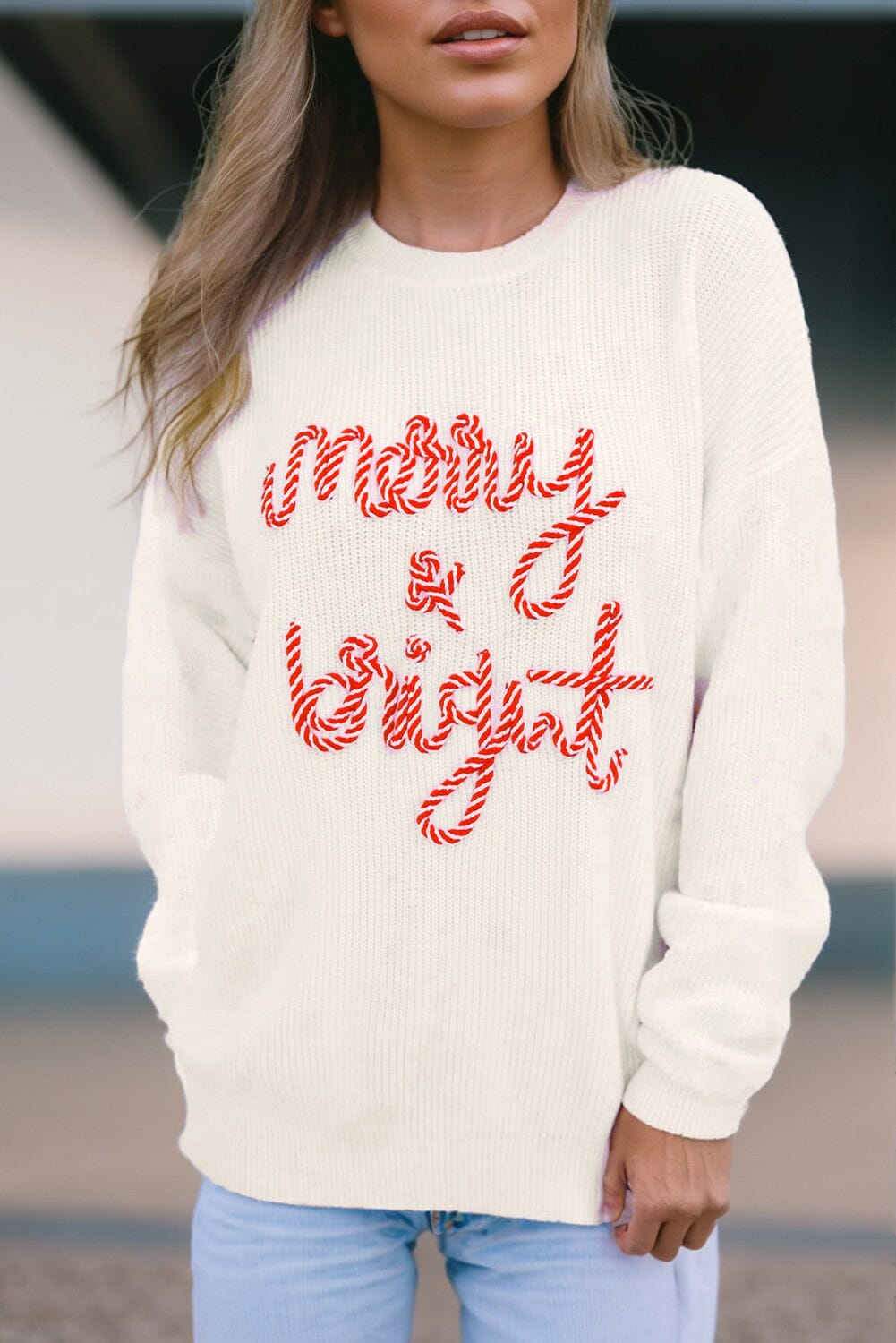 Striped Merry Bright Letter Christmas Sweater Youmi