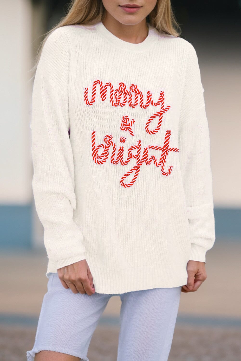 Striped Merry Bright Letter Christmas Sweater Youmi