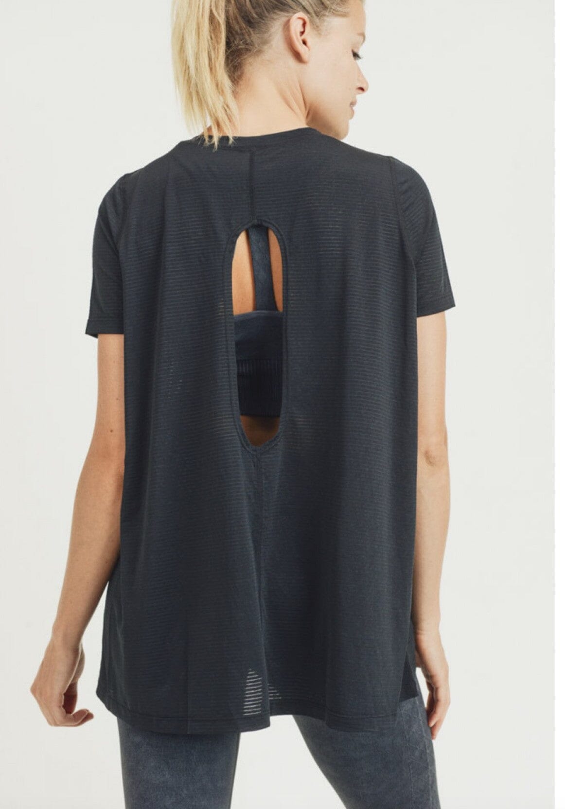 Striped Mesh Active Longline Shirt with Keyhole Back Spring 2024 Surf City Imports