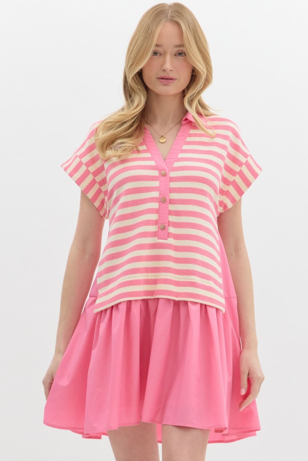 Striped Mixed Media Dress Entro small Pink
