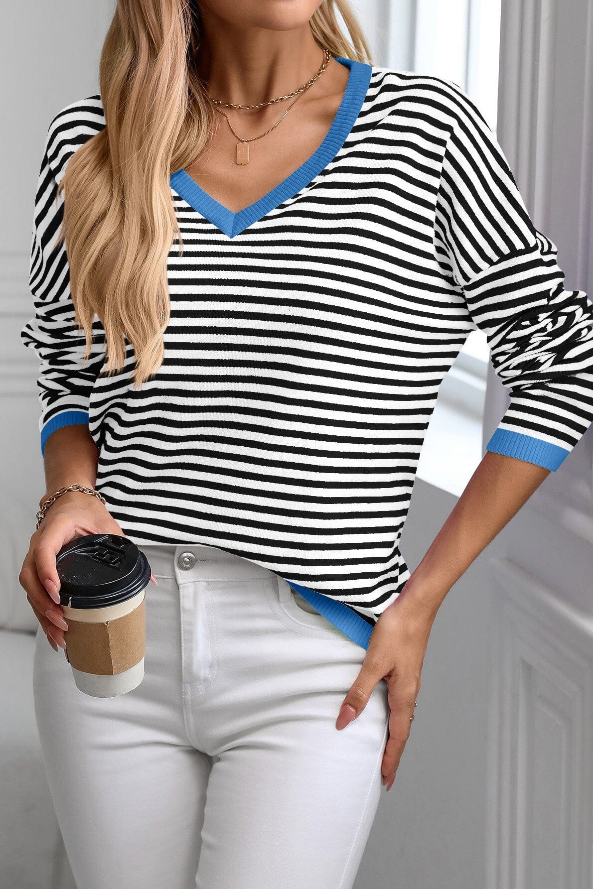 Striped V Neck Dropped Shoulder Sweater Asia Direct