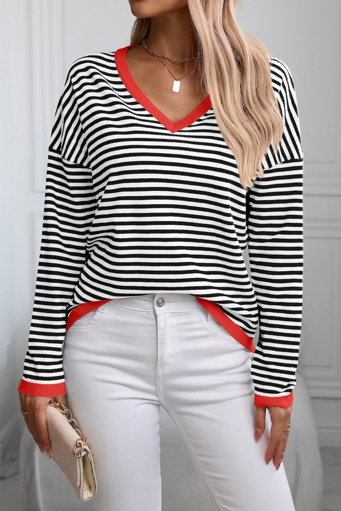 Striped V Neck Dropped Shoulder Sweater Asia Direct
