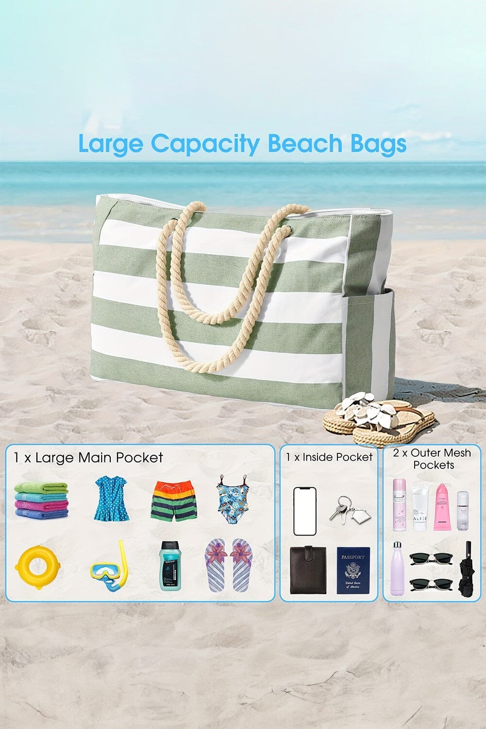 Striped Waterproof Canvas Beach Tote shewin