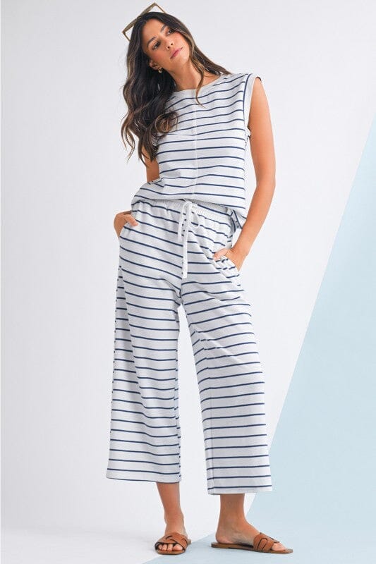 Striped Wide Leg Pant Set Shewin small Navy