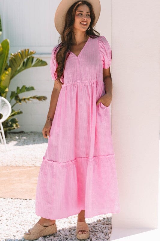 SUMMER SPECIAL - Pink Striped Puff Sleeve Maxi Shiying