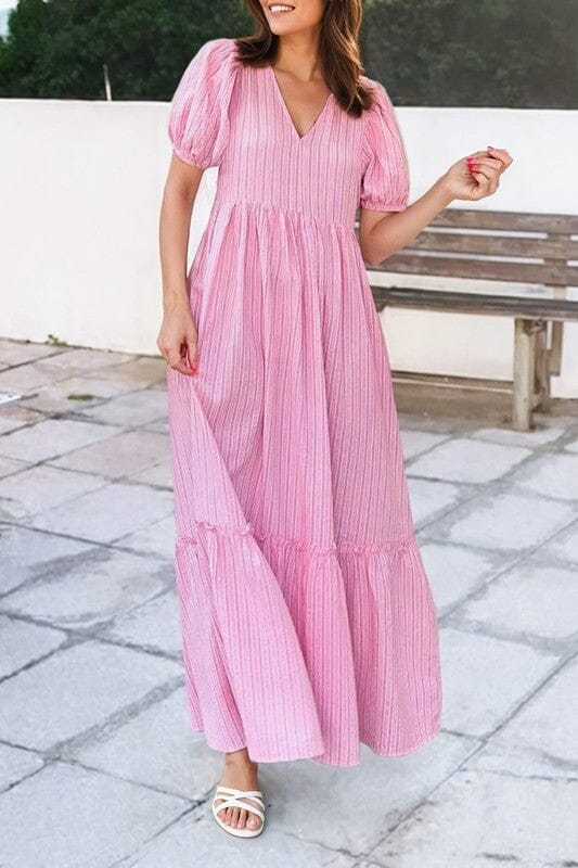 SUMMER SPECIAL - Pink Striped Puff Sleeve Maxi Shiying
