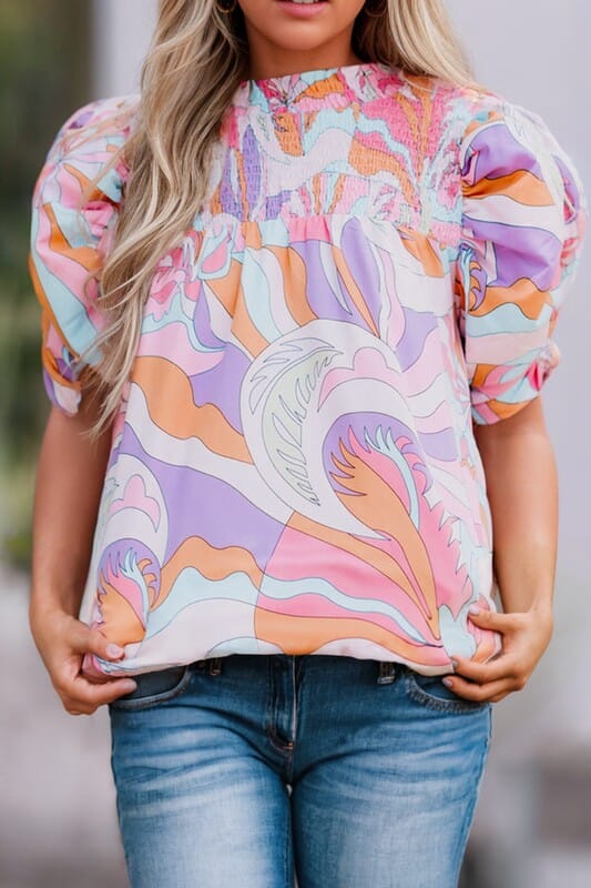 Swirly Abstract Top with Smocked Yoke Kentce