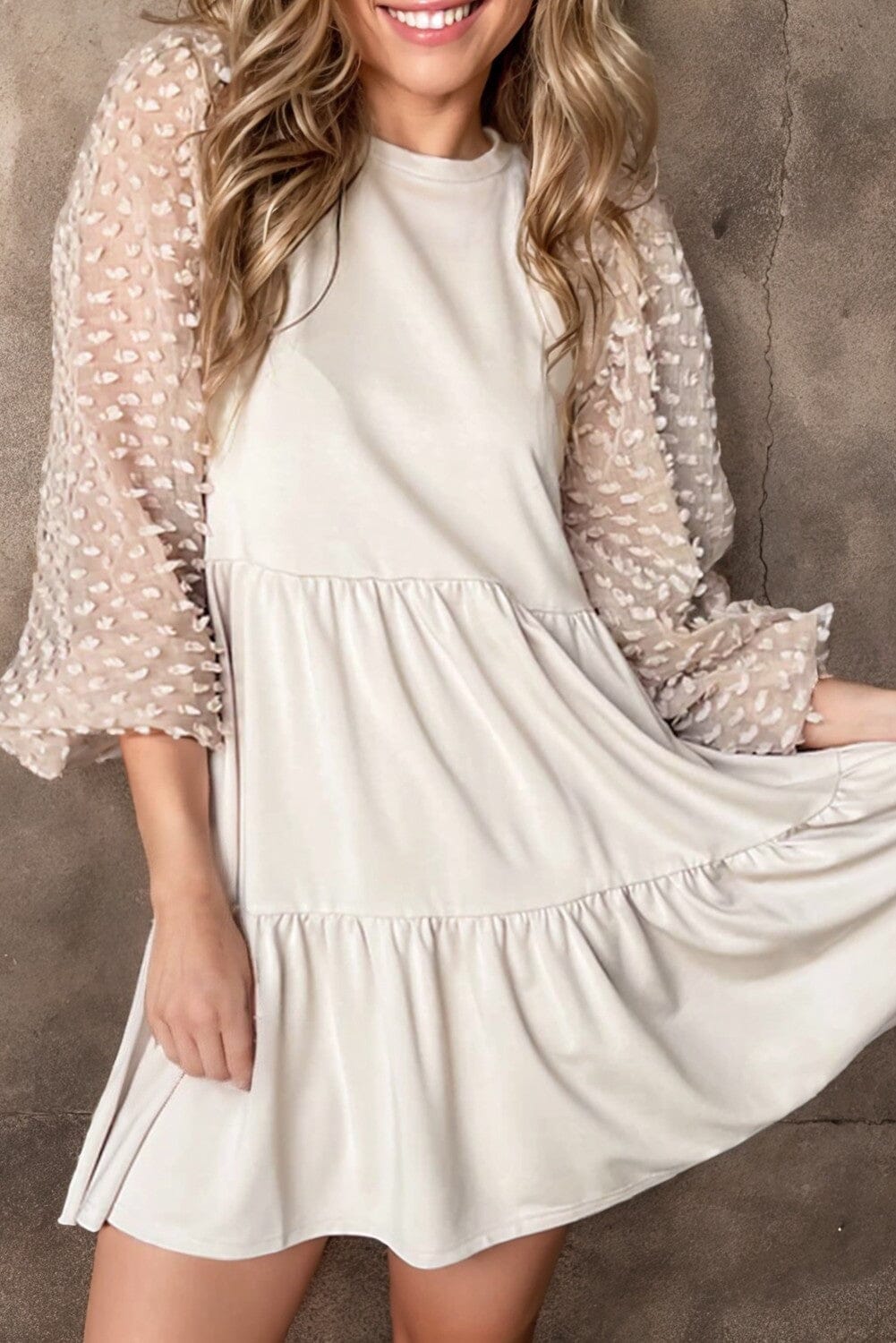 Swiss Dot Lantern Sleeve Mini Tiered Dress Kentce