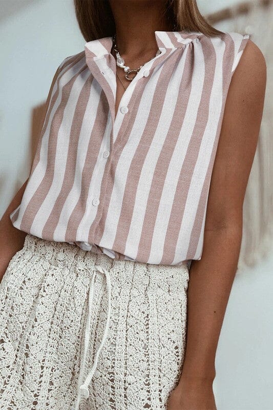 Taupe Striped Sleeveless Button Up Top Shewin
