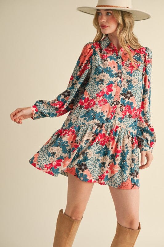 Teal and Red Floral Button Down Dress &merci