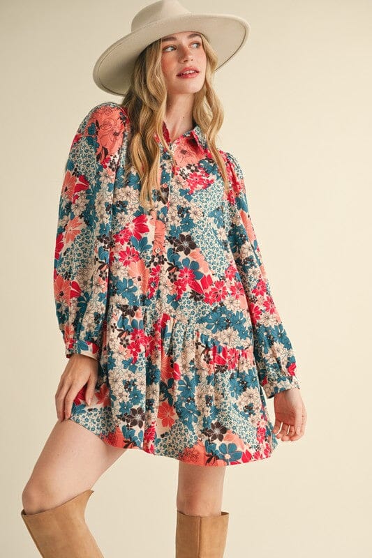 Teal and Red Floral Button Down Dress &merci