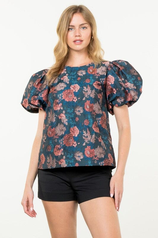 Teal Jacquard Floral Top THML