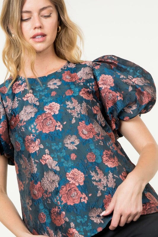 Teal Jacquard Floral Top THML