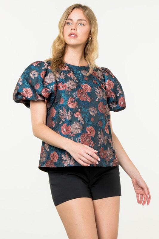 Teal Jacquard Floral Top THML