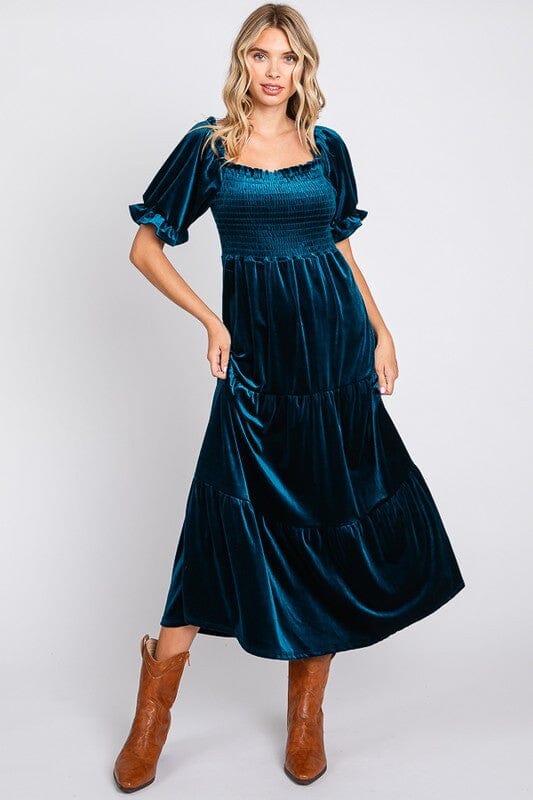 Teal Smocked Chest Velvet Dress geegee