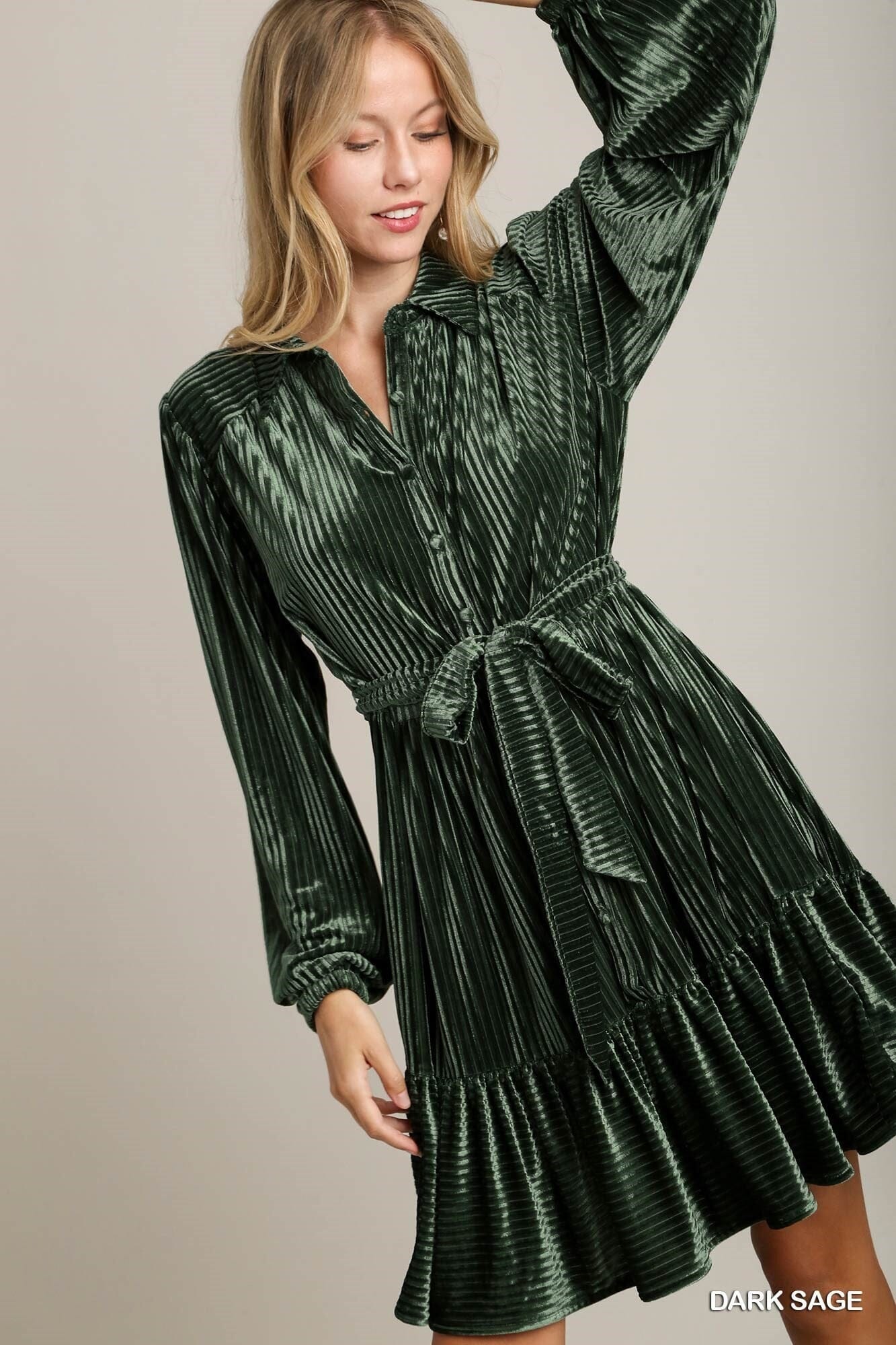 Texture Stripe Velvet Shirt Collared Dress Style U