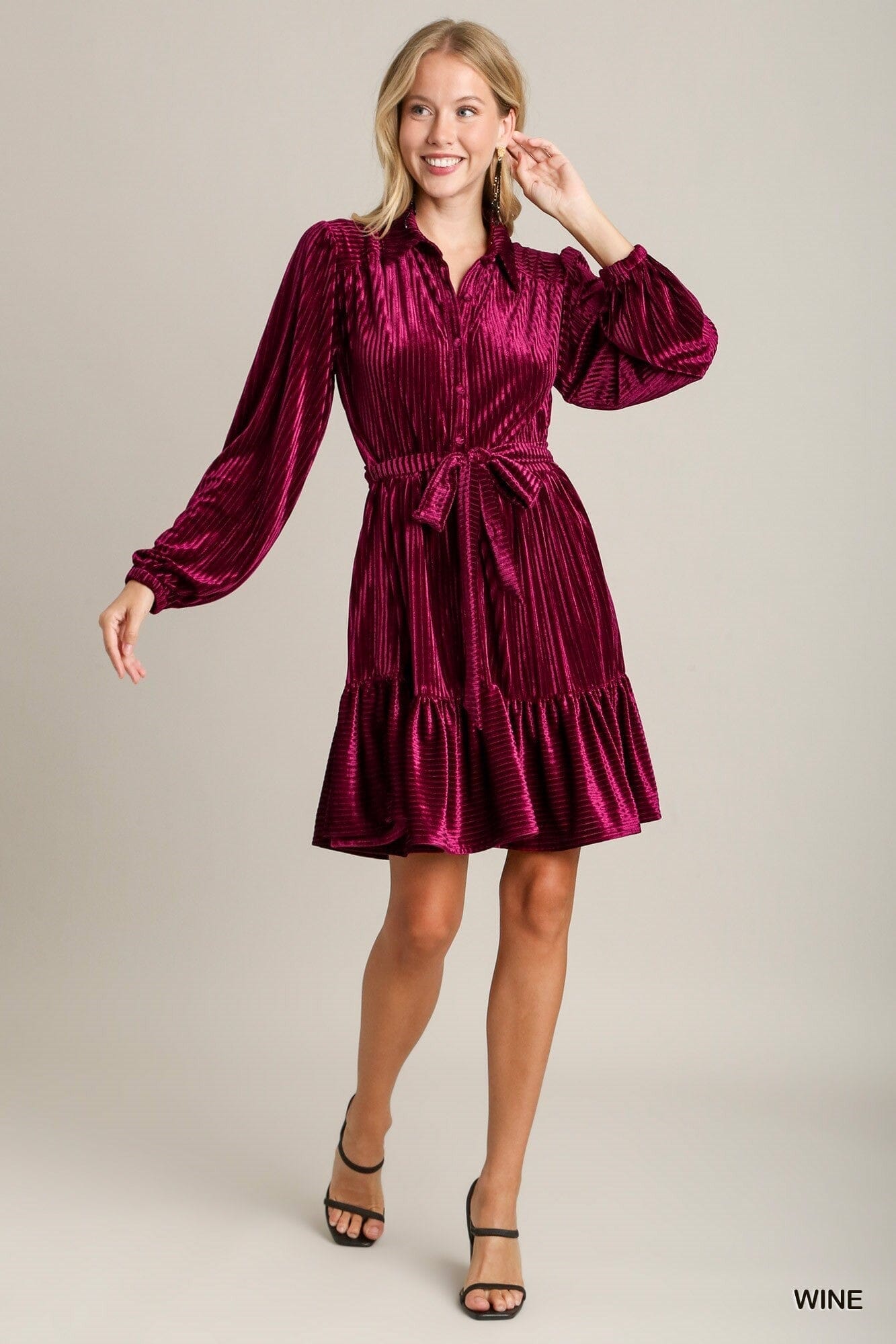 Texture Stripe Velvet Shirt Collared Dress Style U