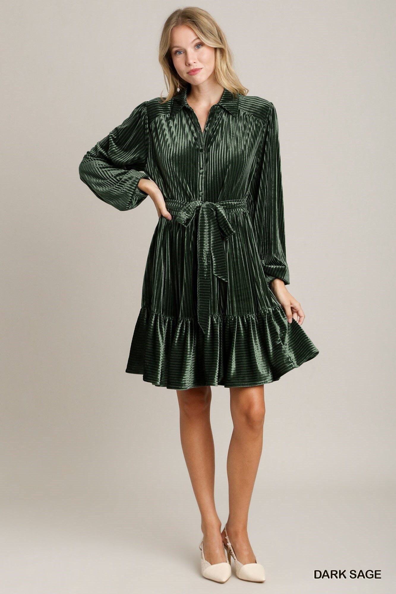 Texture Stripe Velvet Shirt Collared Dress Style U