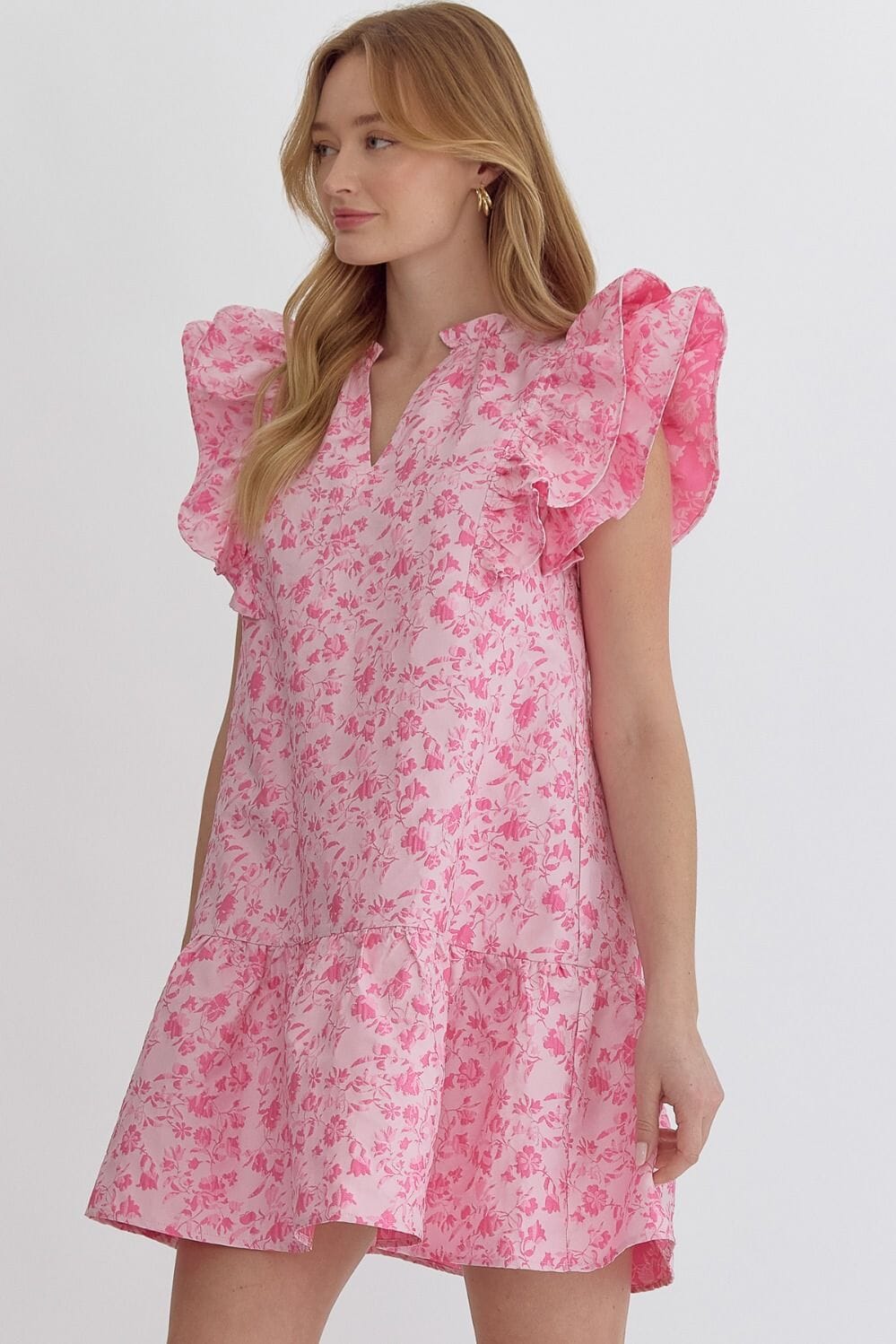 Textured Floral Flutter Sleeve Dress entro