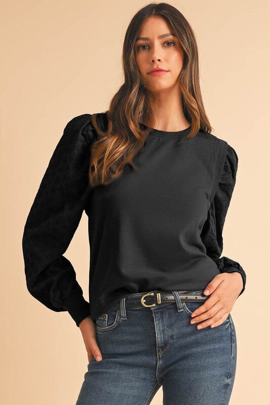 Textured Sleeve Mixed Media LS Top Shewin