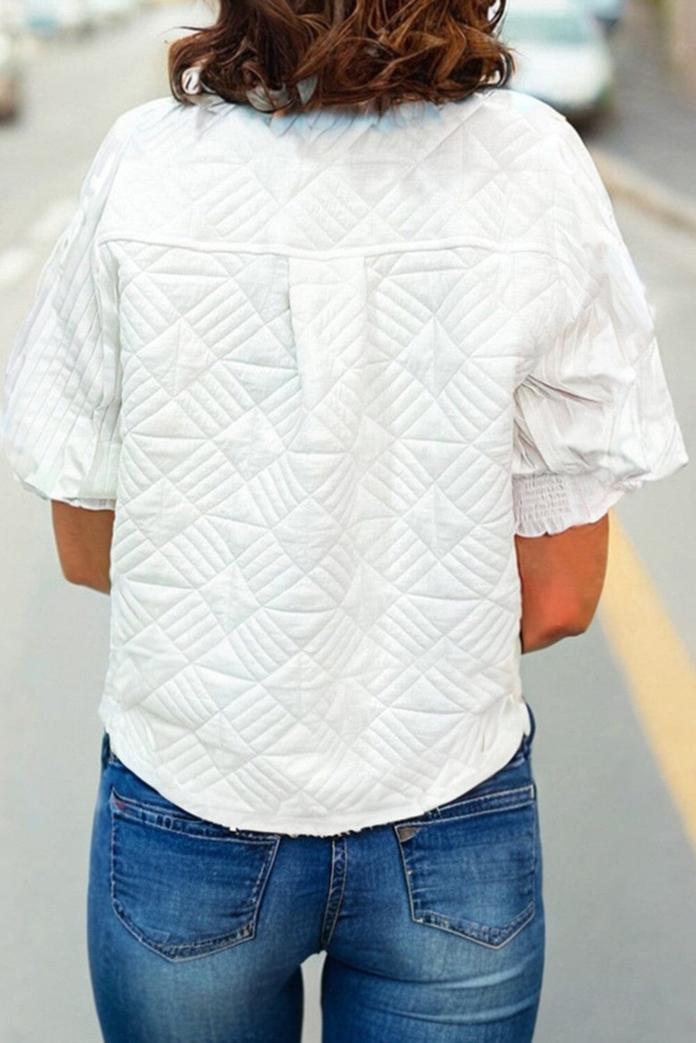 Textured White V Neck Casual Puff Sleeve Top Kentce