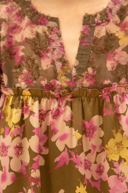Textured Yoke Olive Floral Dress Voy
