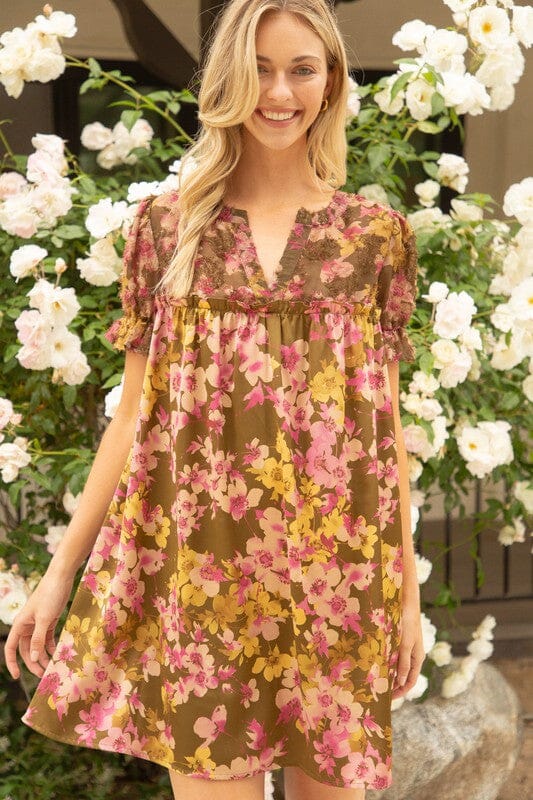 Textured Yoke Olive Floral Dress Voy