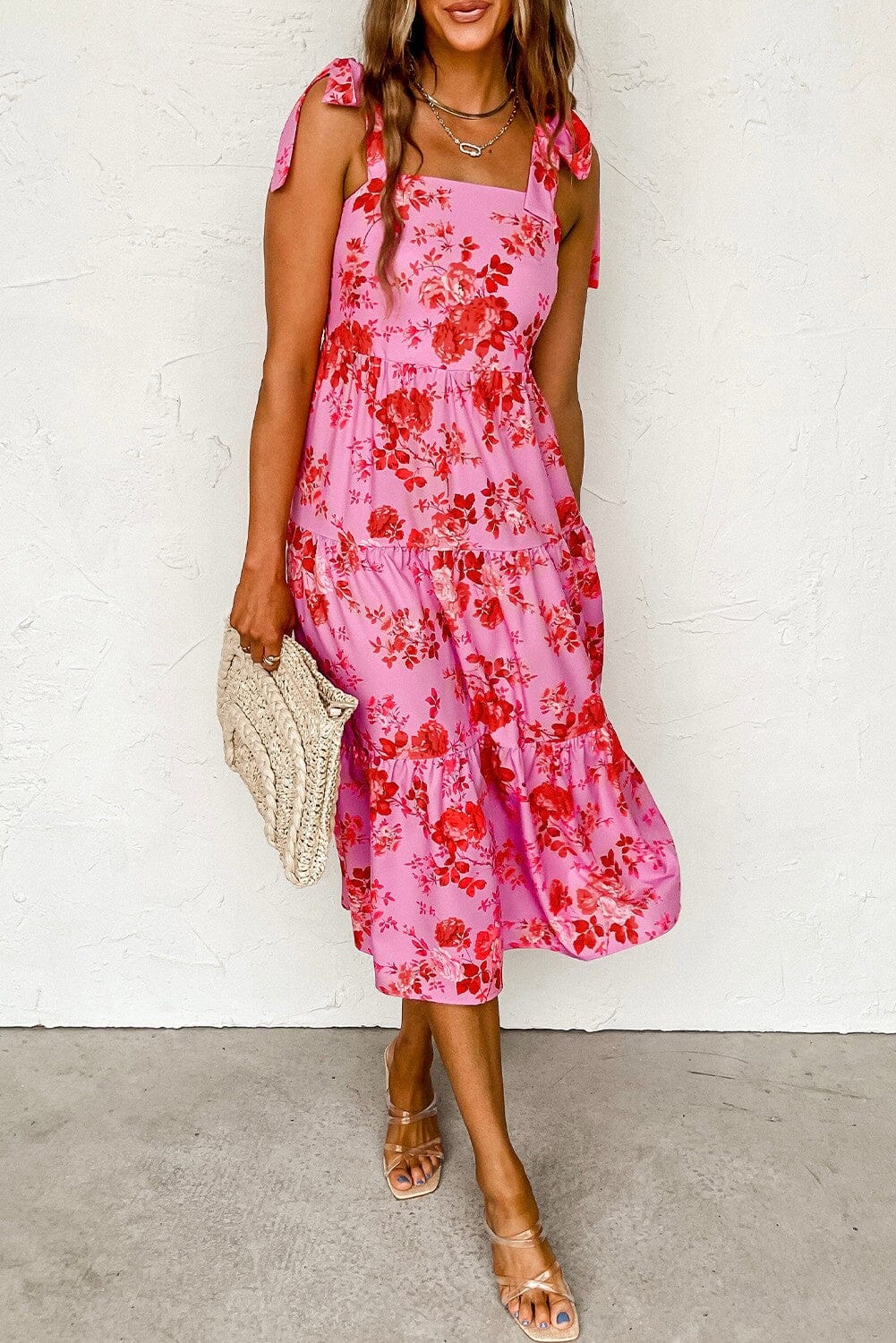 Tie Shoulder Straps Tiered Floral Dress Youmi