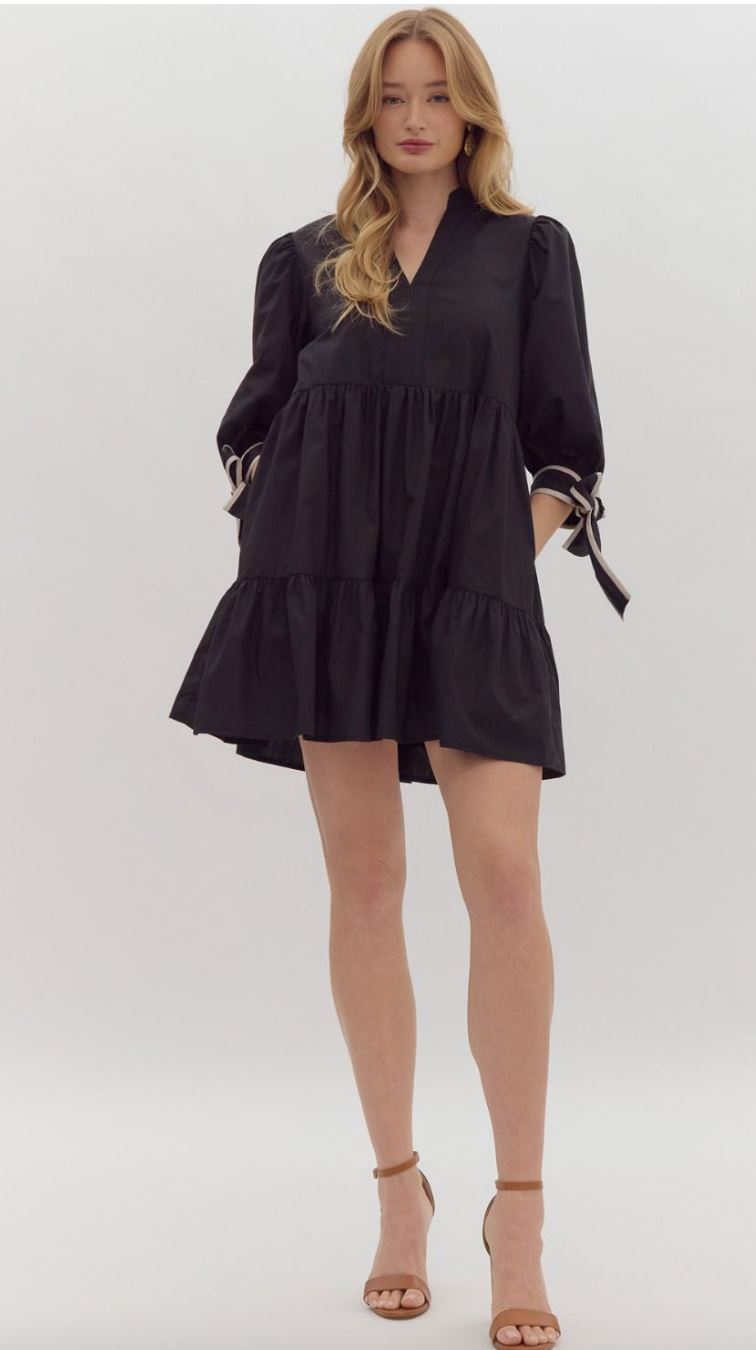 Tie Sleeve V Neck Tiered Dress Entro