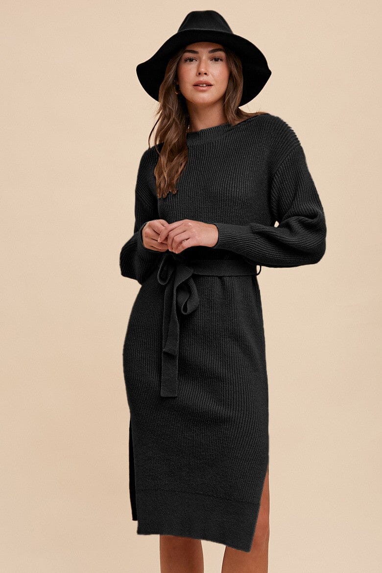TIE WAIST SWEATER MIDI DRESS annie wear