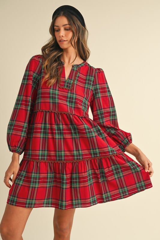 Tiered Holiday Plaid Dress with Scalloped Trim SNAP-Something New And Pretty Tiered Holiday Plaid Dress with Scalloped Trim SNAP-Something New And Pretty