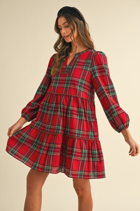 Tiered Holiday Plaid Dress with Scalloped Trim Annie Wear