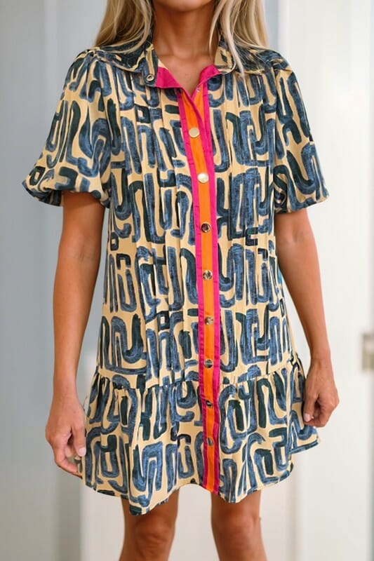 Tribal Print Shirt Dress with Pink Trim Shewin