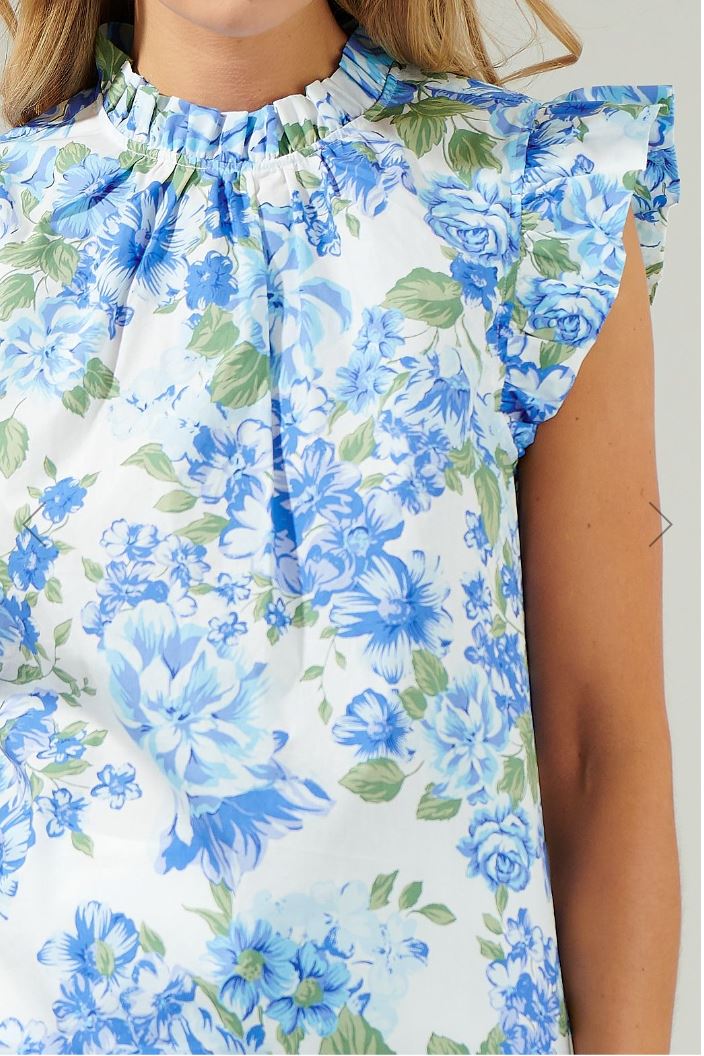 Truth Be Told Blue Floral Gabrielle Mock Neck Poplin Top Sugarlips