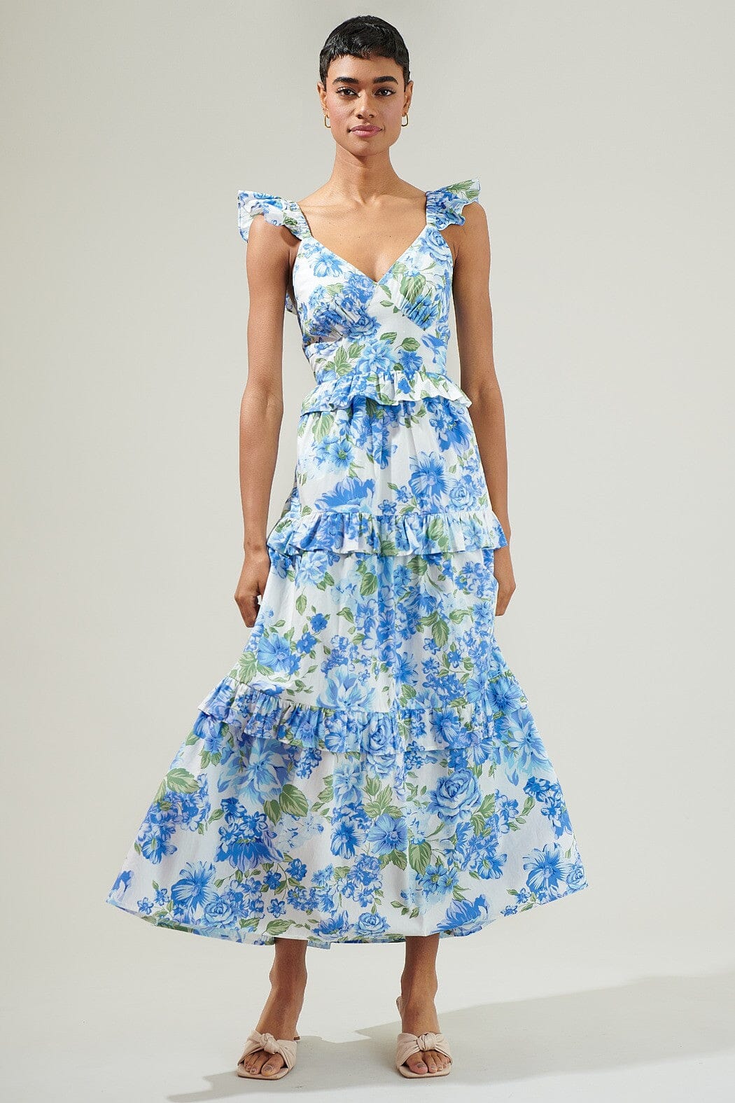 Truth Be Told Blue Floral Tiered Midi Dress Sugarlips