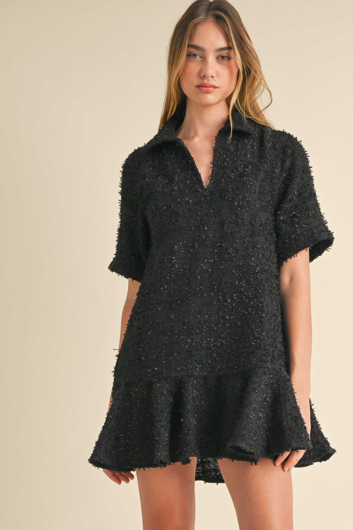 TWEED COLLAR RUFFLE HEM MINI DRESS mable