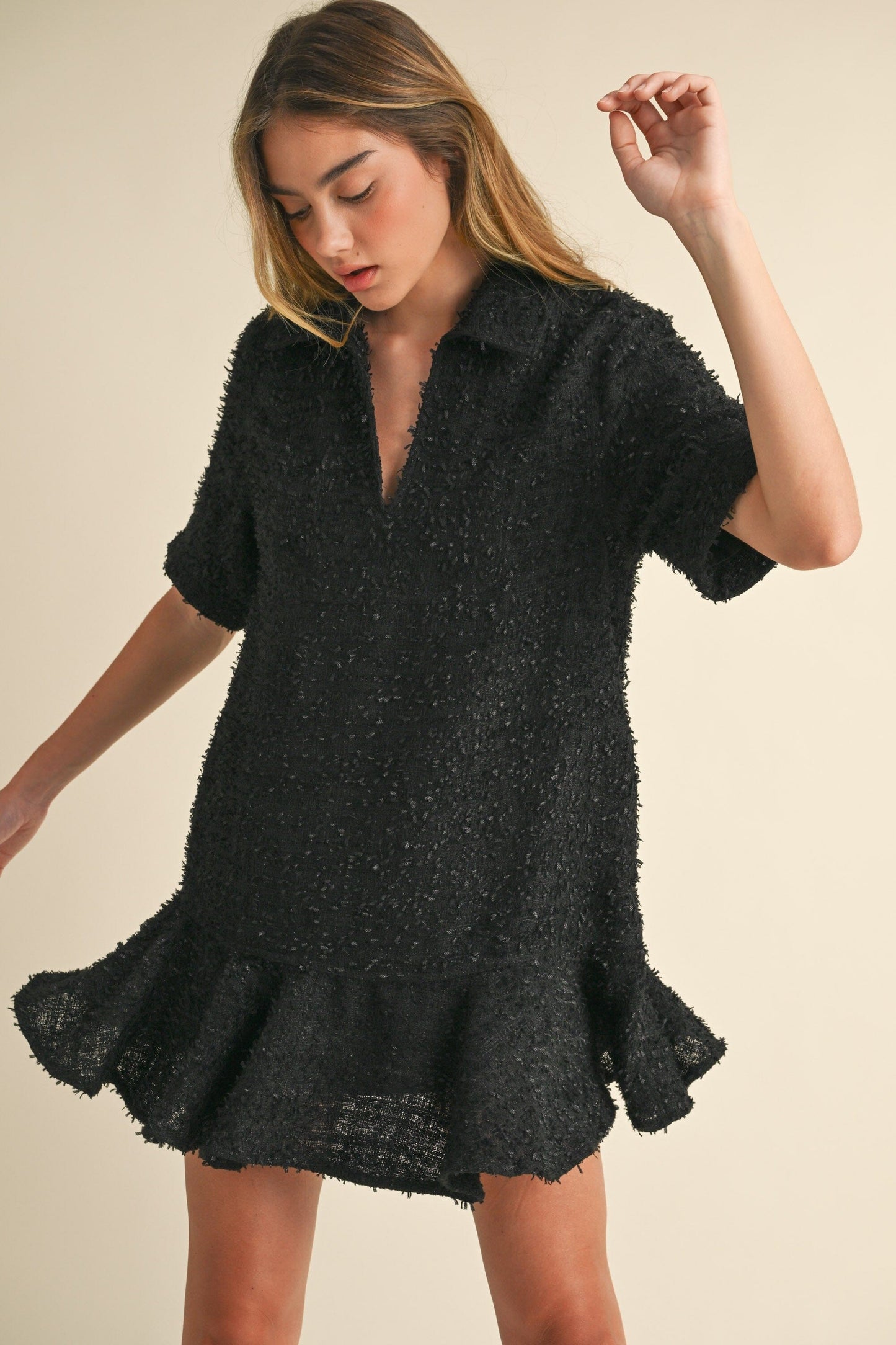 TWEED COLLAR RUFFLE HEM MINI DRESS mable