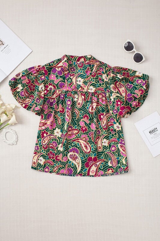 V-Neck Green Boho Paisley Top Kentce