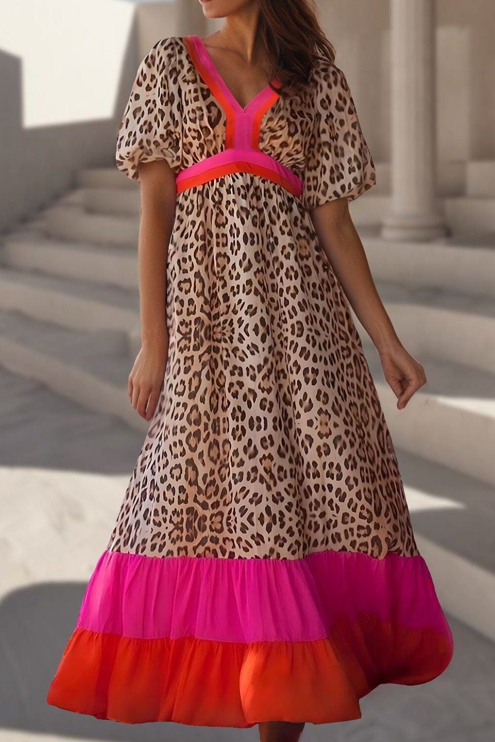 V-neck Leopard Print Long Maxi Shiying