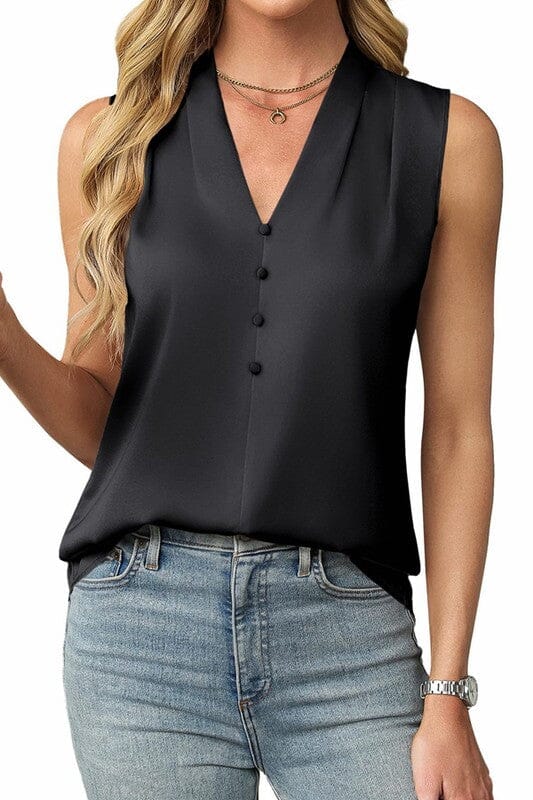 V-Neck Sleeveless Top with Button Detail Wholesalesir small Black