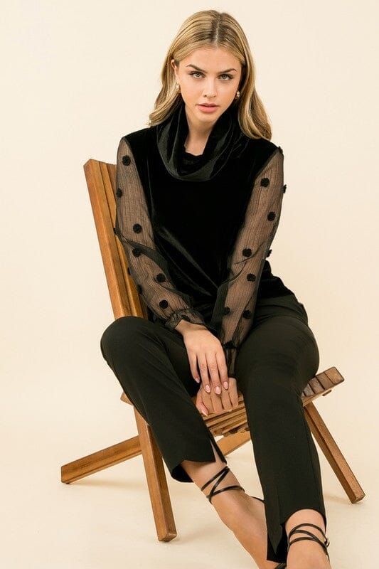 Velvet Drape Neck Top with Mesh Sleeves THML