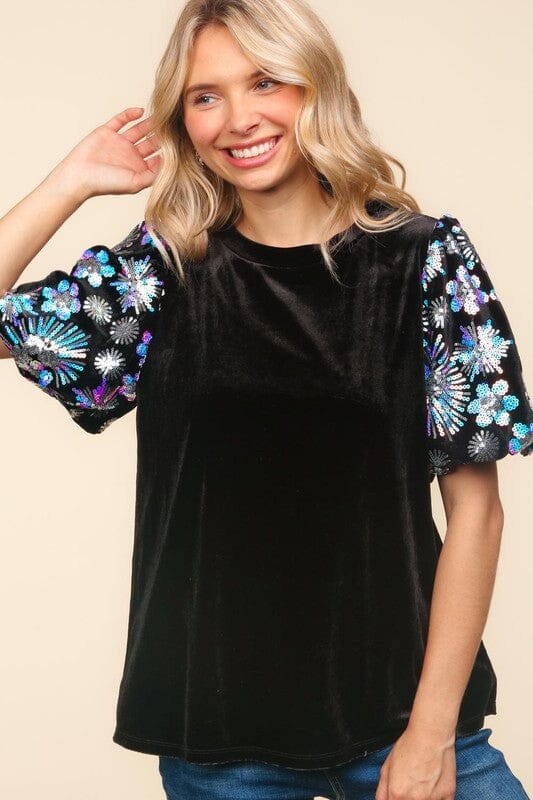 Velvet Top with Sequin Puff Sleeves Haptics
