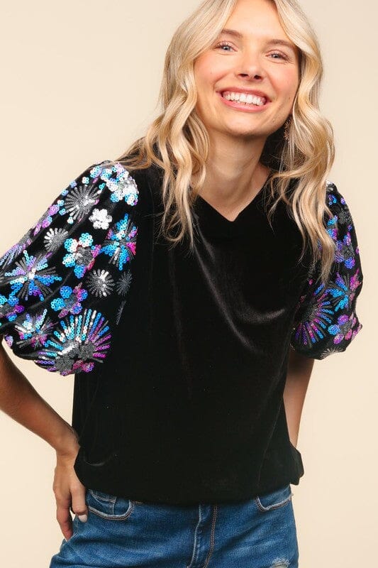 Velvet Top with Sequin Puff Sleeves Haptics