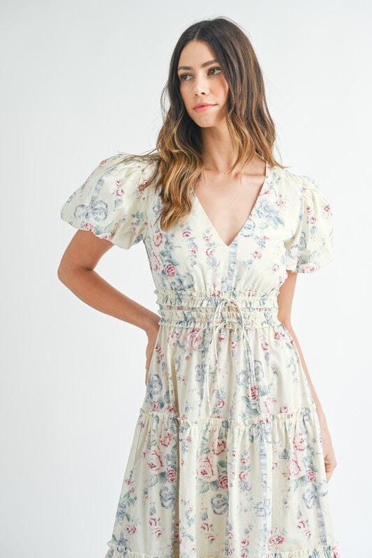 Vintage Floral Puff Sleeve Midi Mable