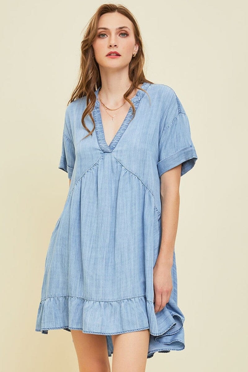 WASHED CHAMBRAY FLARE MINI DRESS heyson